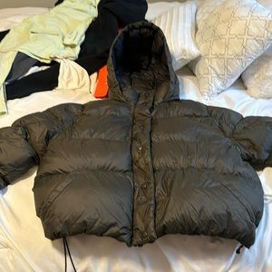 Eddie Bauer cropped puffer jacket, army green, womens xl